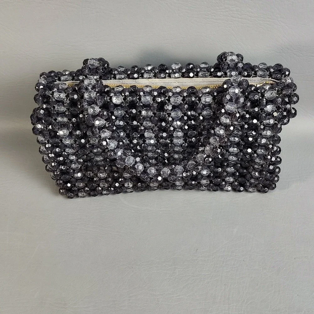 Vintage Crystal Beaded Purse Fauceted Beads Smoke Gray Hong Kong 60s Handmade